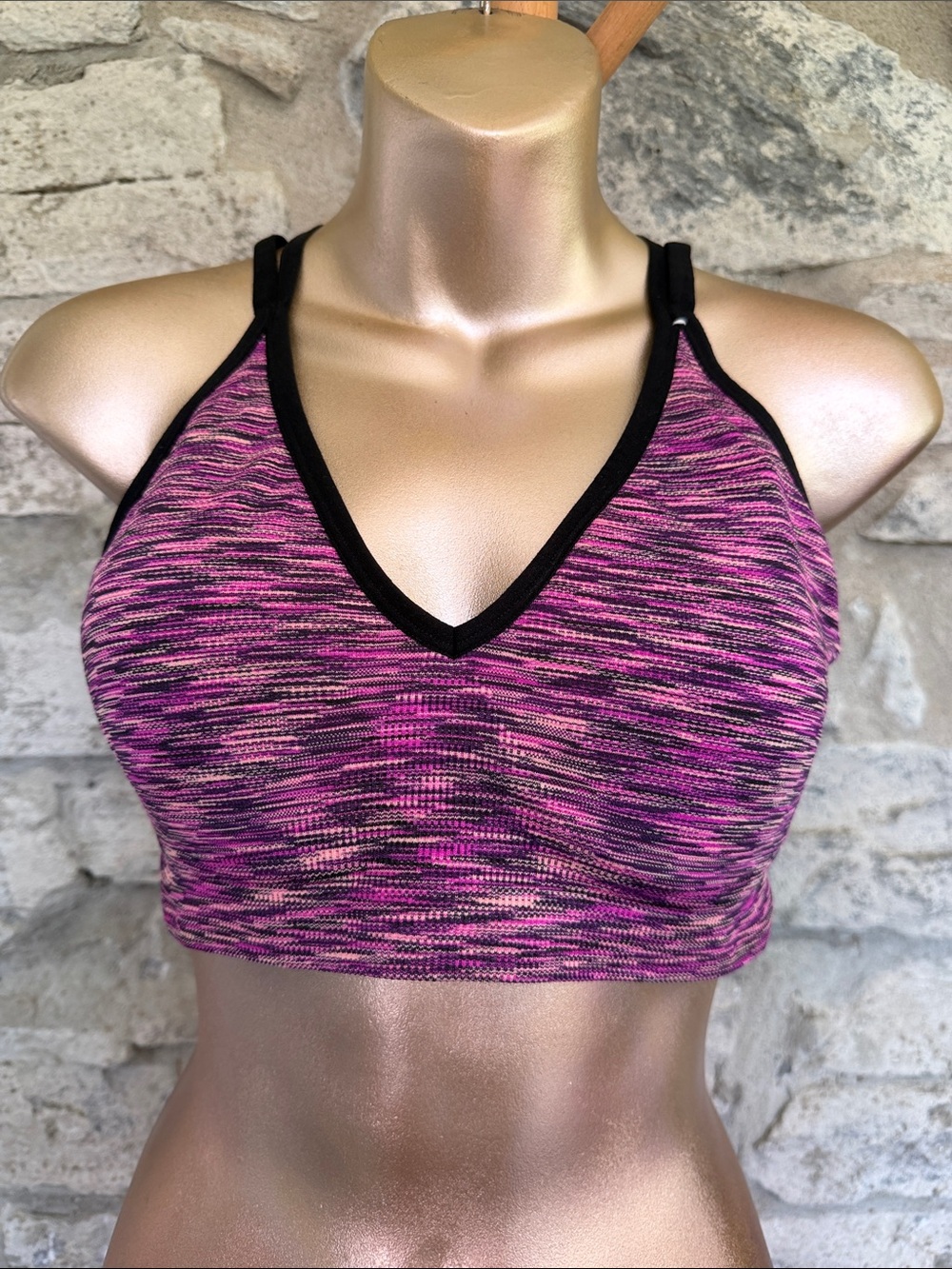 Seamless Pink Space-Dye Sports Bra with Black Trim